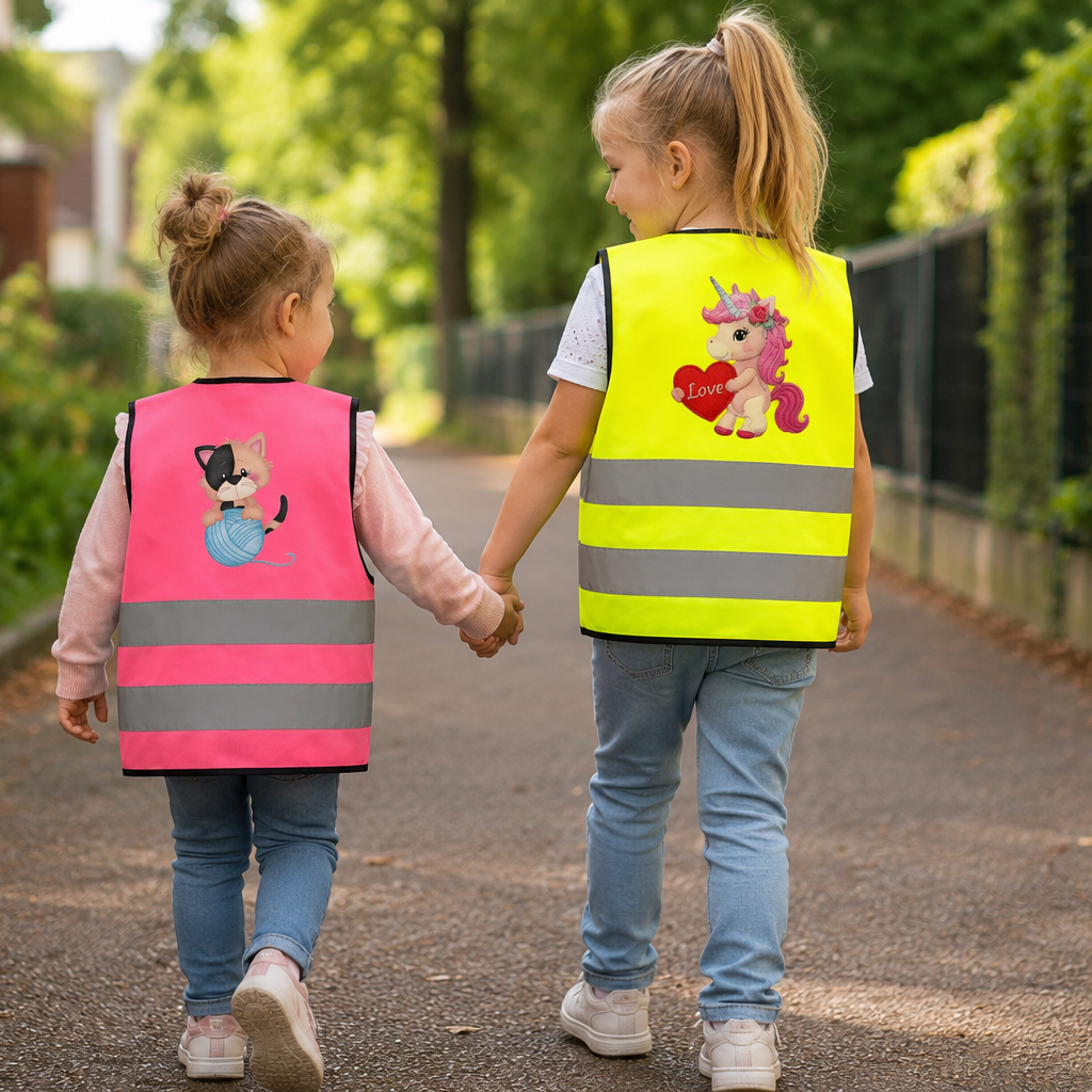 Gele fluo hesje bedrukt met unicorn en roze met katje bedrukt met bol wol