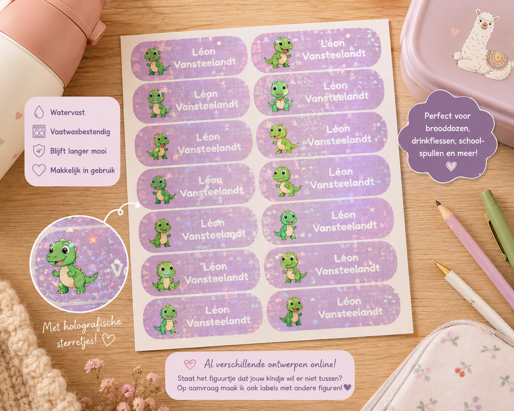 Labels paars met dino's
