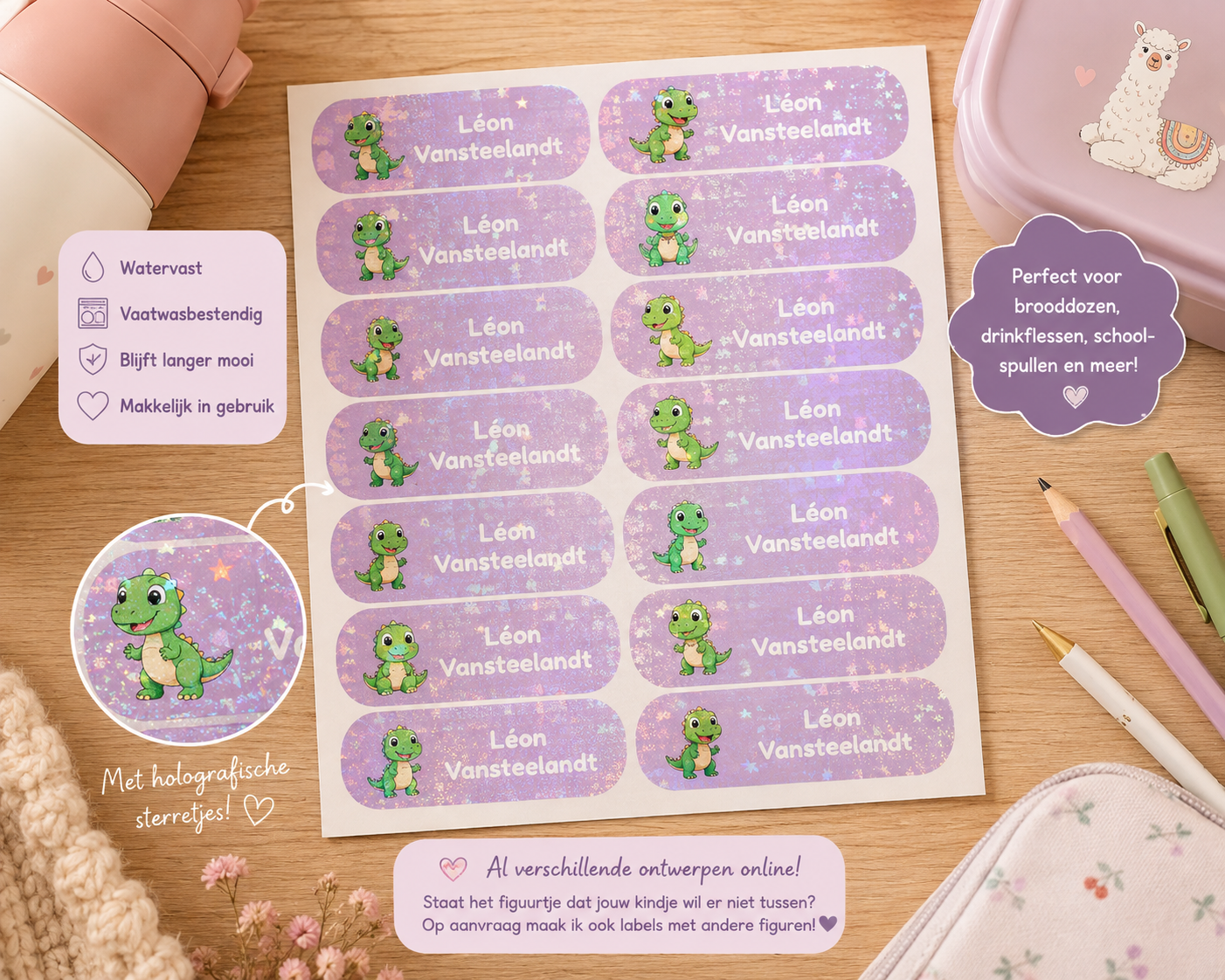 Labels paars met dino's