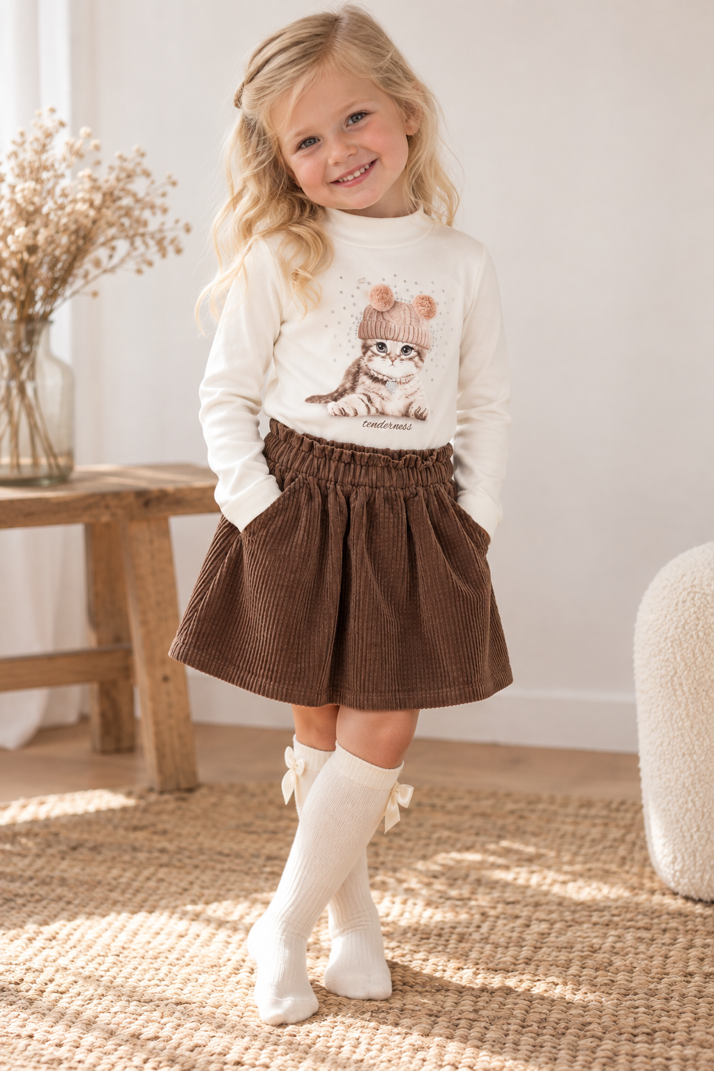 iDO Meisjesset Tenderness – Longsleeve, Ribfluwelen Rokje & Cóndor Kniekousen