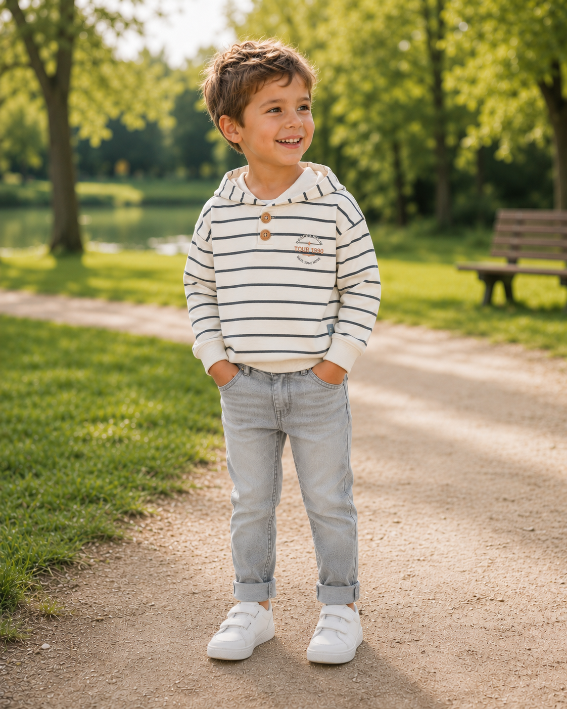 Dirkje gestreepte hoodie met grijze jeans – Jongensset