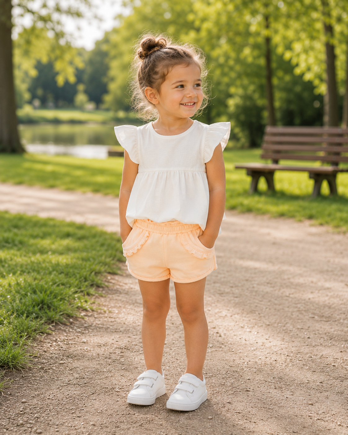 Meisje draagt een witte Dirkje top met rufflemouwen en een perzikkleurige Dirkje short uit de zomercollectie.