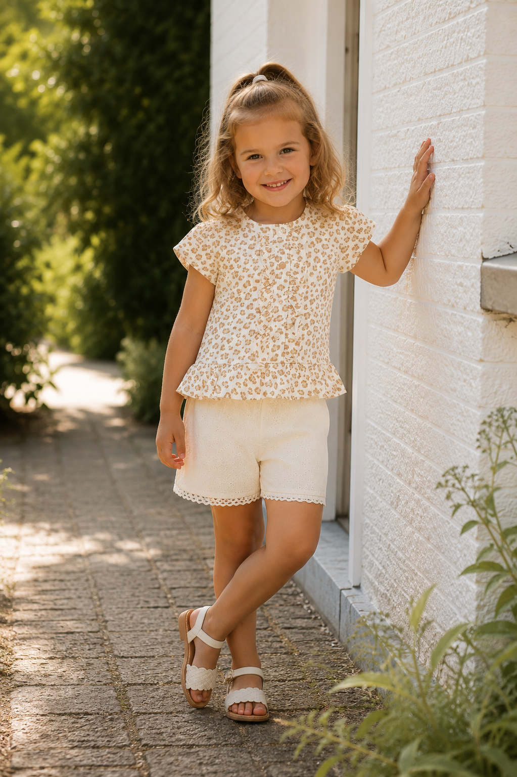 Dirkje Meisjesset Panterprint Blouse & Broderie Short – Beige