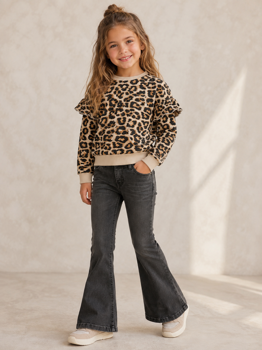 Koko Noko meisjes outfit – Luipaard sweater met zwarte jeans