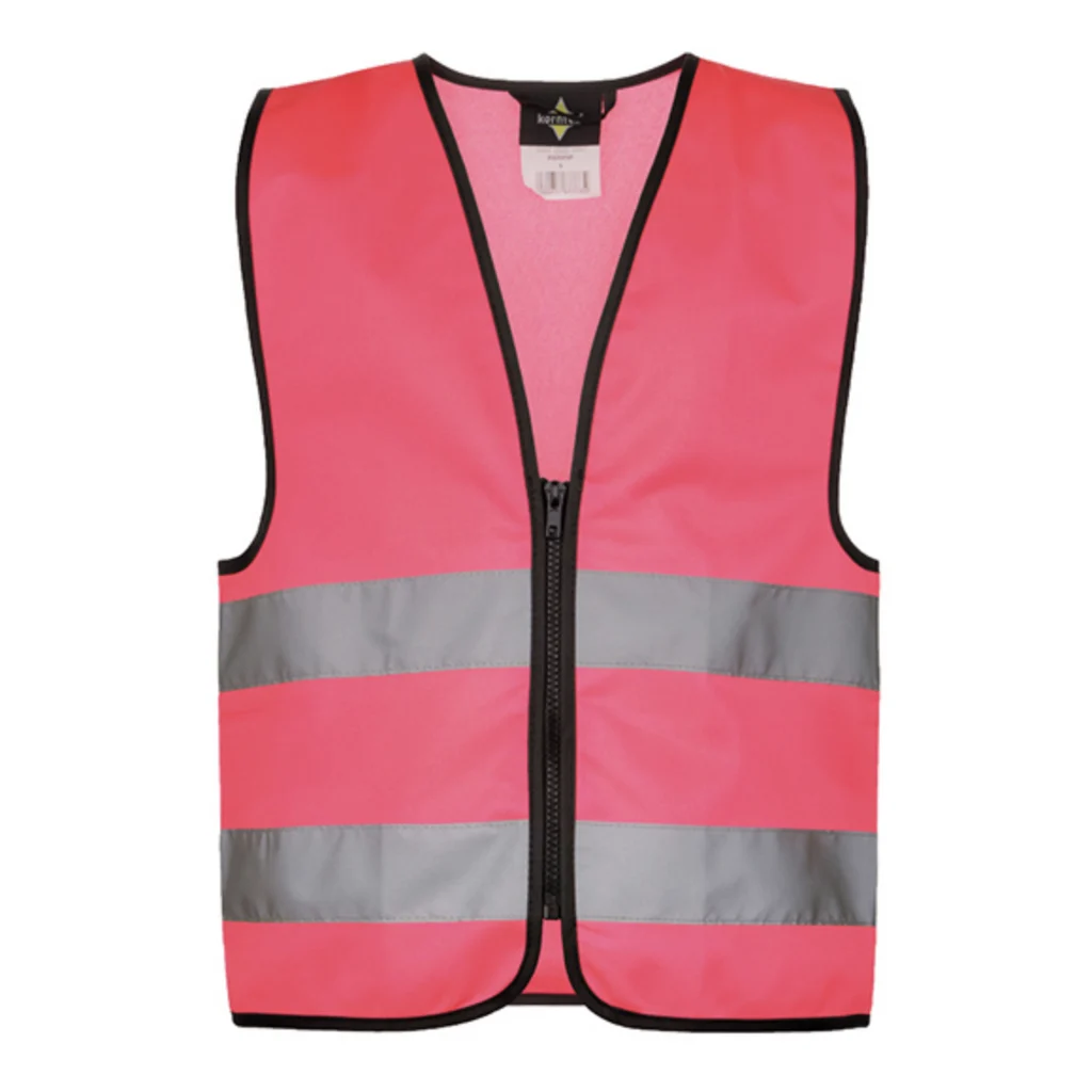Korntex Fluo Hesje Kind roze met Rits - Bedrukt met katje bol wol